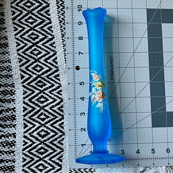 Westmoreland | Vintage | Blue Mist Hand Painted Floral Satin Glass Bud Vase 9.5" - Picture 13 of 13